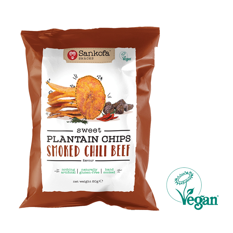 50 gram sachet of sankofa plantain chips with smoked chilli beef