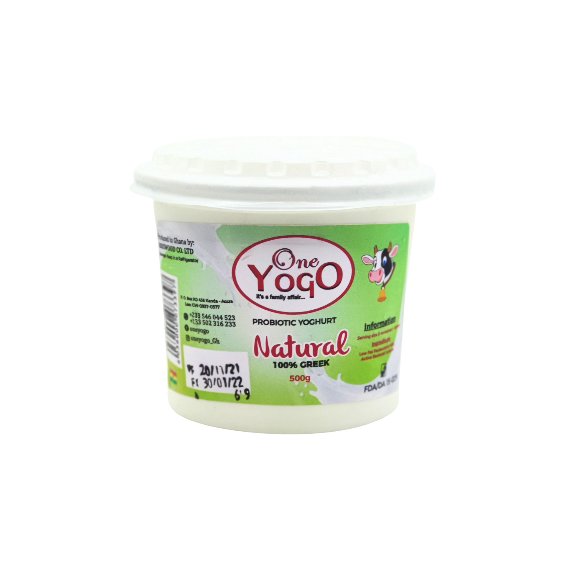 500 gram container of one yogo probiotic greek yoghurt