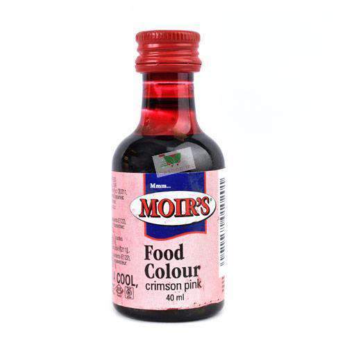40 mililitre bottle of Moirs colouring crimson pink