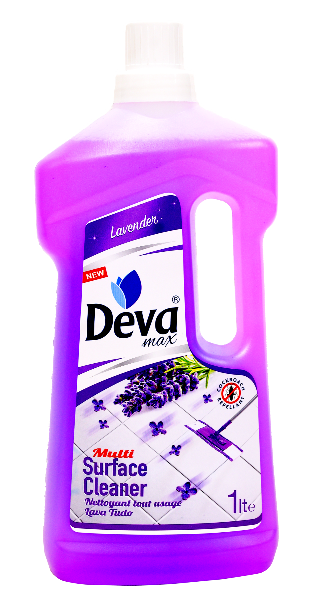 1 litre bottle of deva multi surface cleaner lavender