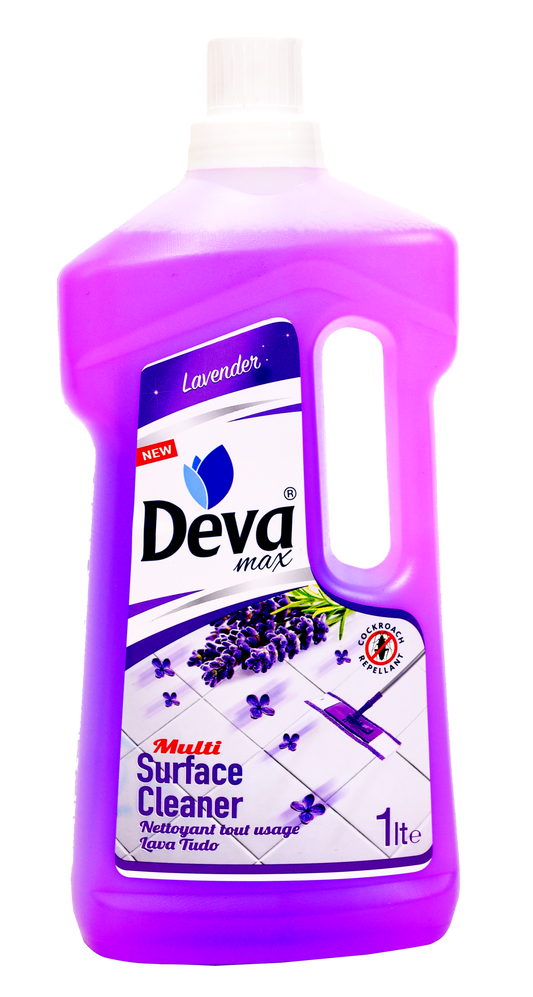 1 litre bottle of deva multi surface cleaner lavender