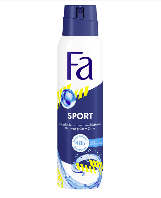 150 millilitre container of fa sport deodorant spray