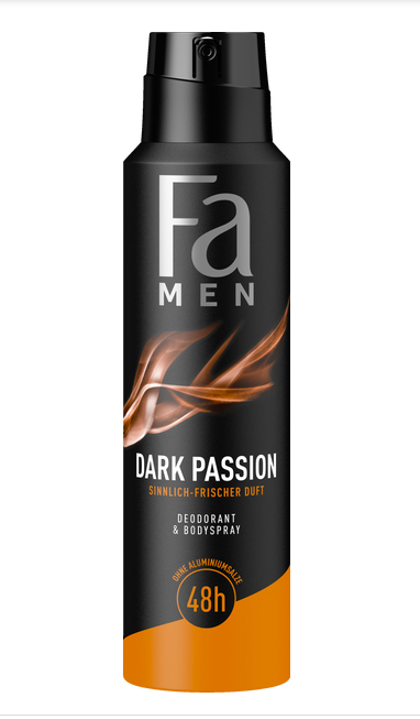150 millilitre container of fa men dark passion deodorant and body spray