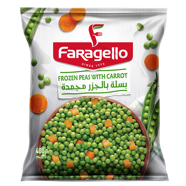 400 gram pack of faragello frozen green peas with carrot