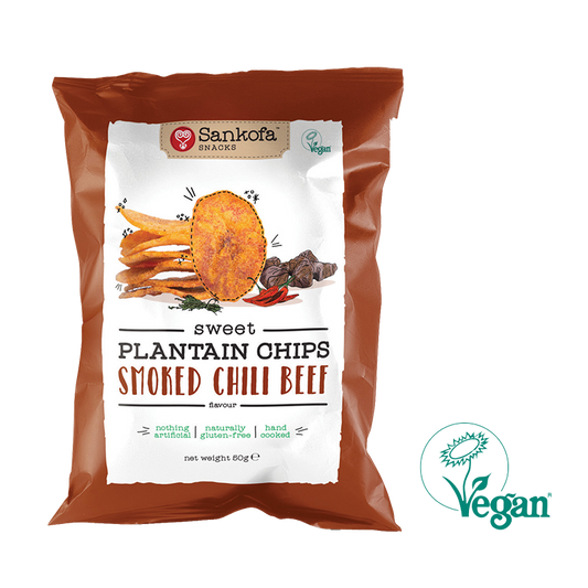 50 gram sachet of sankofa plantain chips with smoked chilli beef