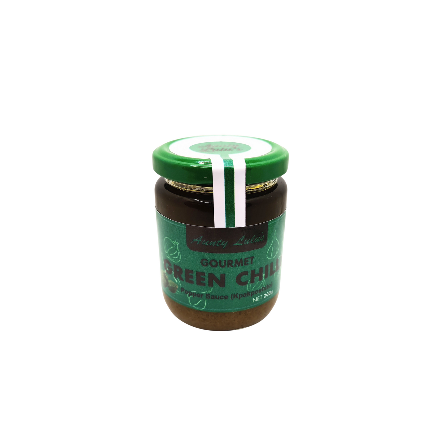 200 gram jar of aunty lulu's gourmet green chili sauce