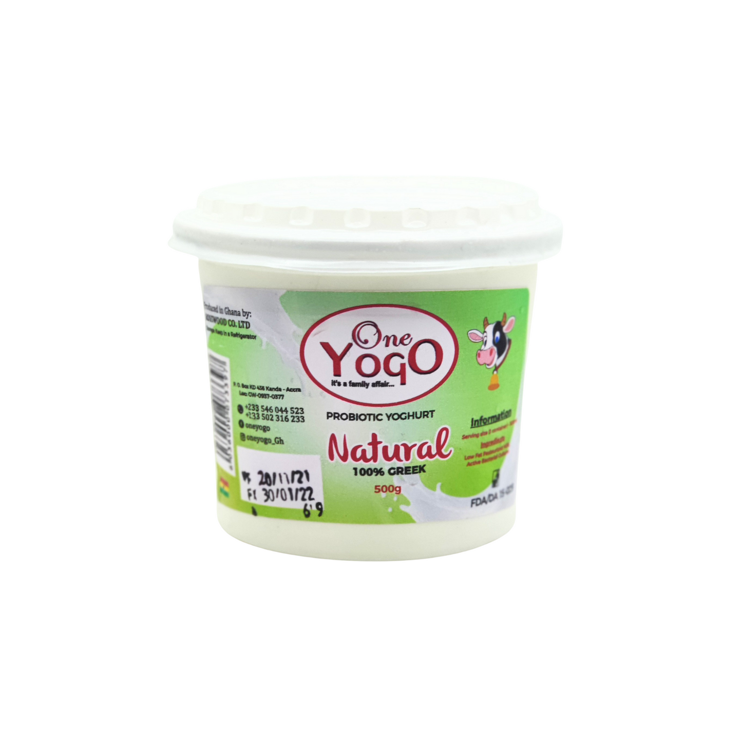 500 gram container of one yogo probiotic greek yoghurt 